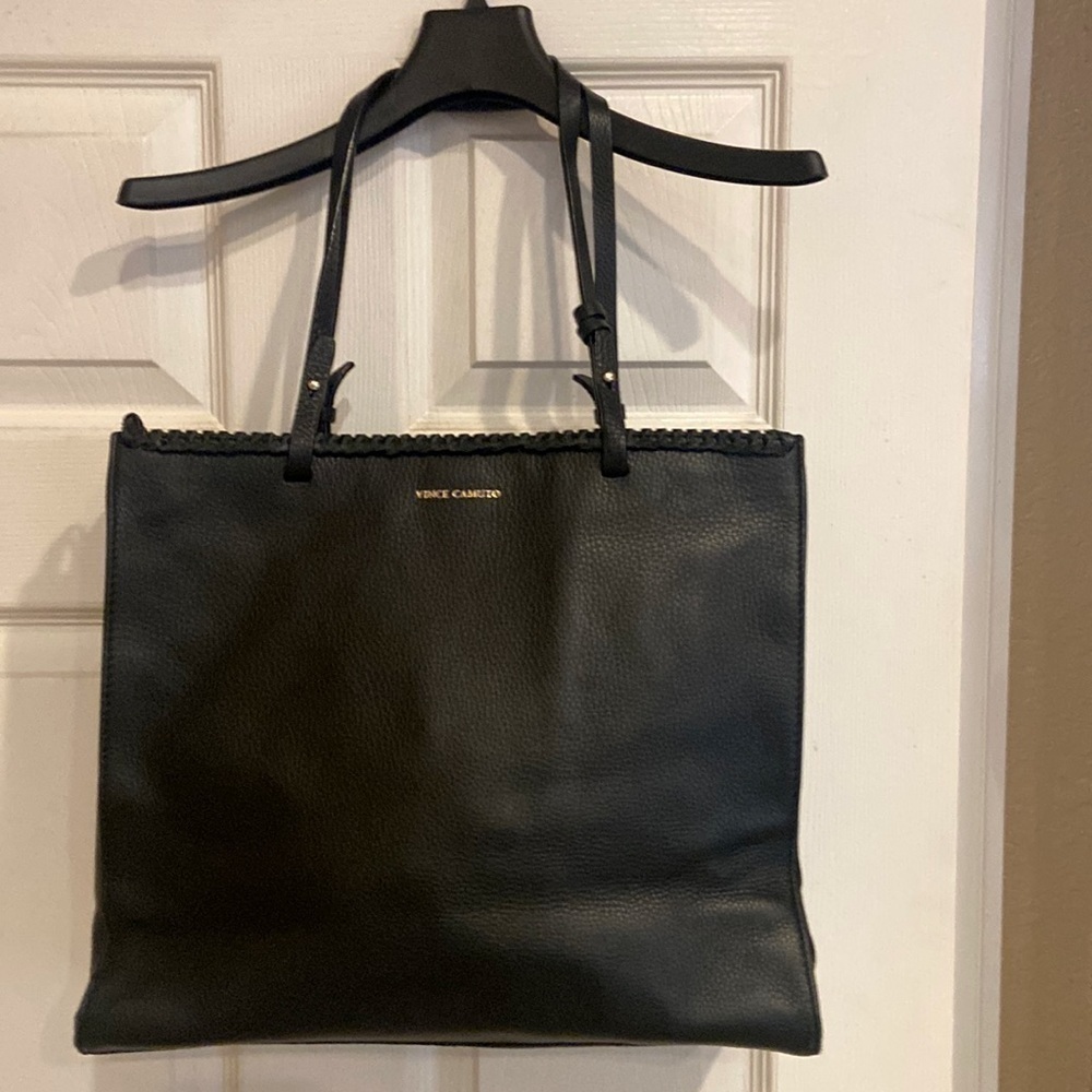 BLACK leather Vince Camino purse handbag woven design top and fringe accent - Picture 1 of 9